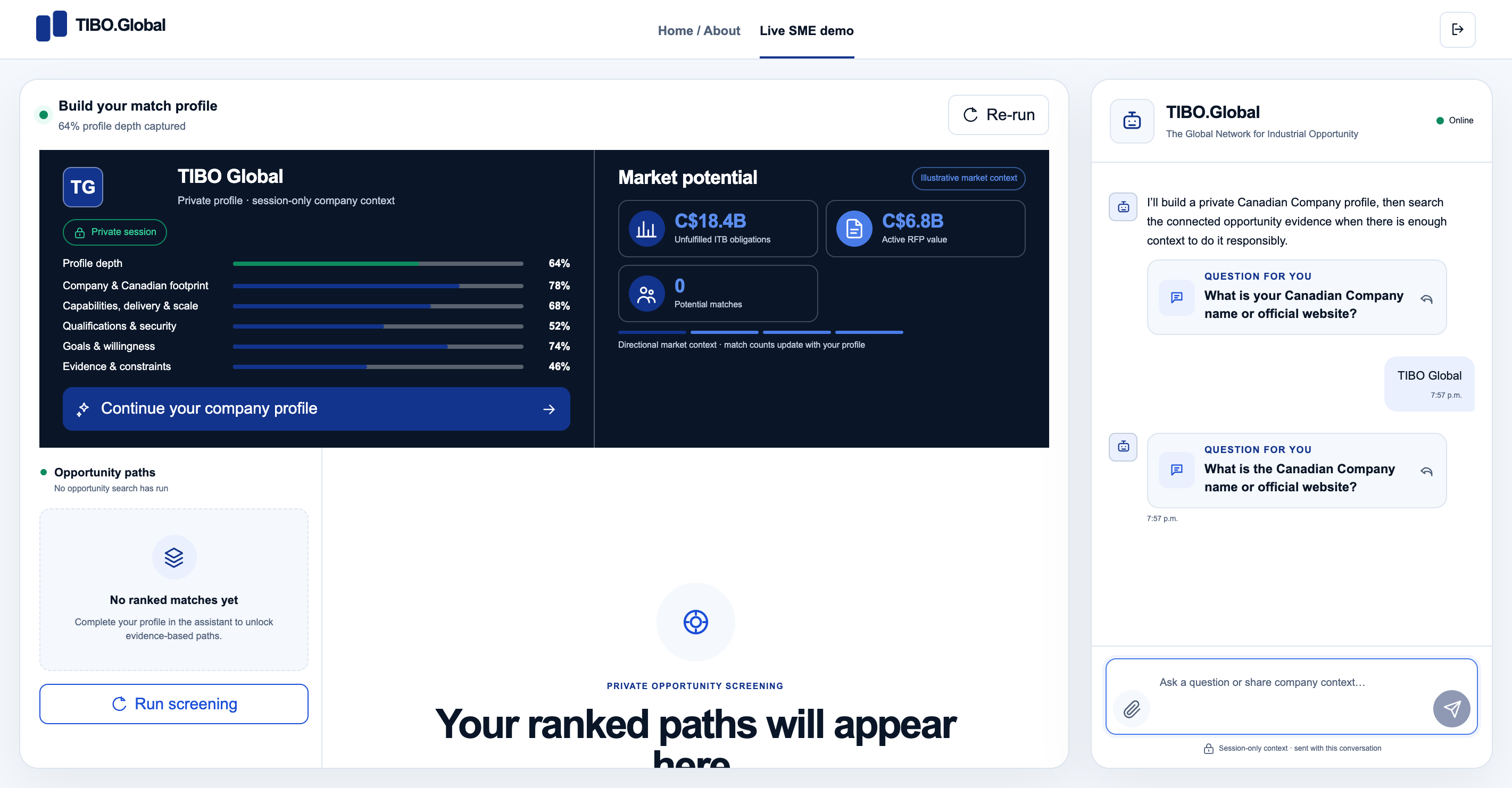Live SME Opportunity Discovery workspace showing profile-depth indicators, market-potential cards, an empty opportunity-path state and the assistant asking for a company or project name.